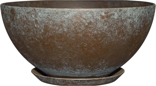 Classic Home and Garden Rosie Modern Planter w/Drainage - Contemporary Planter Bowls - Shallow Round Vases for Small Plants - Versatile Indoor & Outdoor Pots (10” Weathered Copper)