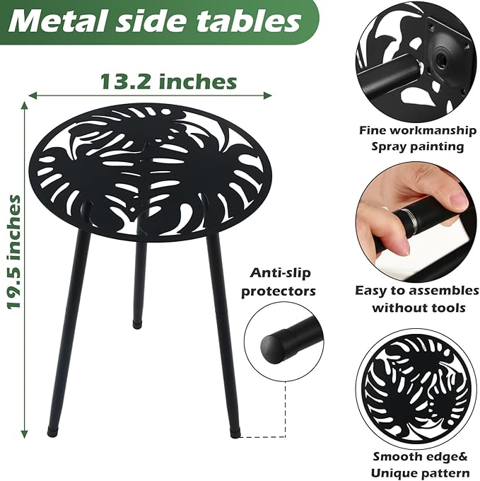 2 Packs Metal Outdoor Side Tables Small Outside End Table for Patio Round Accent Garden Corner Table for Small Spaces, Balcony, Porch Plant Stand Indoor