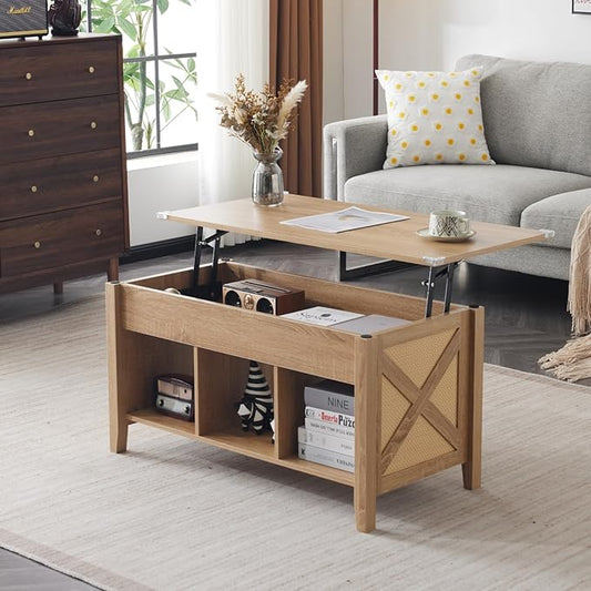 VINGLI Lift Top Coffee Table, Oak Top with Rattan Frame, Farmhouse Cross-Sided Design, with Storage Shelf/Hidden Compartment, Gas Lift Mesa De Centro para Sala Pop Up Coffee Table