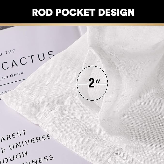 PrinceDeco White Linen Curtains 108 Inch Length 2 Panels Set, Rod Pocket Curtains for Living Room, Light Filtering Curtains for Bedroom/Living Room Energy Saving Vertical Drapes