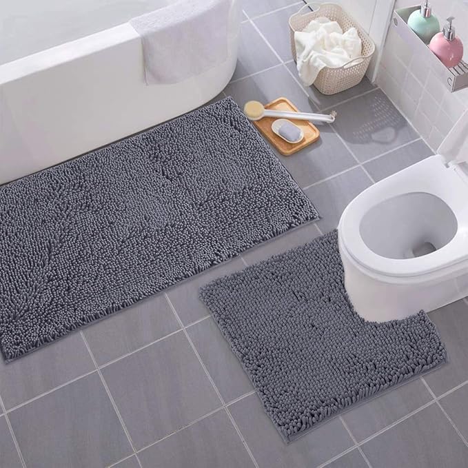 Bathroom Rugs Sets 2 Piece, Luxury Chenille Bath Mat Set, Soft Plush Anti-Slip Bath Rug + U-Shaped Toilet Mat. Microfiber Shaggy Carpet, Super Absorbent (24” x 36” & 20” x 24” U, Dark Grey)