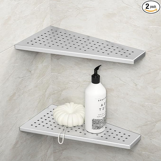 Corner Shower Shelf, 12" Trapezoid Floating Shelf, 304 Stainless Steel Grid Design Recessed Bathroom Shelf for Tiled Wall, No Drilling