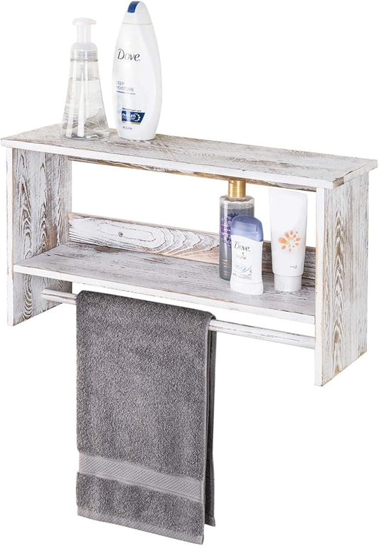 MyGift Wall Mounted Shabby White Washed Solid Wood Bathroom Accessories Organizer 2 Tier Display Shelf with Towel Bar