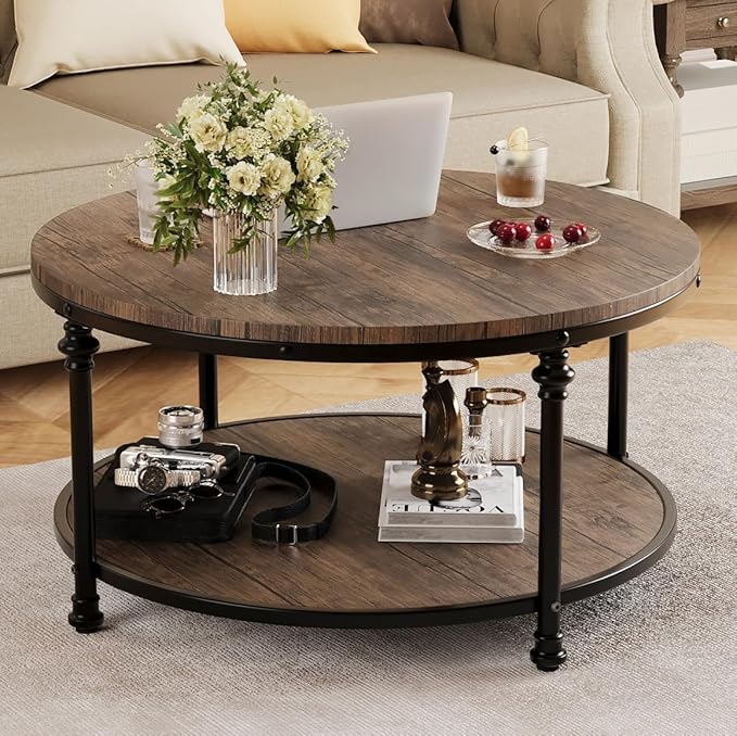 IDEALHOUSE Round Coffee Table for Living Room Rustic Center Table with Storage Shelf Wood Circle Coffee Table with Sturdy Metal Legs, Easy Assembly