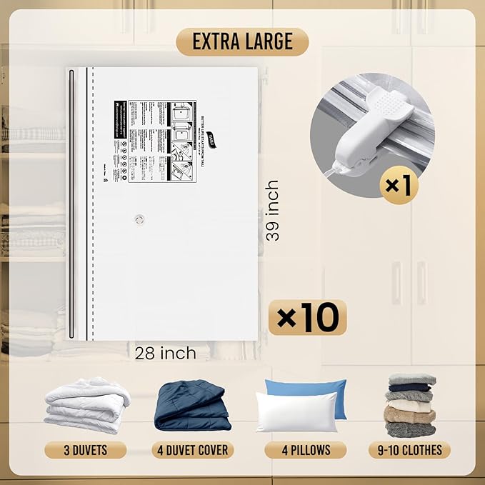 TAILI-LONG SIDE ZIP 10 Pack Vacuum Storage Bags, Vacuum Seal Bags for Clothing(39x28 inches), Jumbo Storage Space Saver for Beddings, Comforters, Blanket, Pillows and Clothes