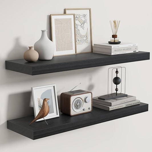 Fun Memories Rustic Floating Shelves for Home Decor, 8 Inch Deep Floating Shelf, Solid Wood Floating Wall Shelves 30 Inch Long, Deep Wall Shelves for Bathroom, Living Room, Black Finsh, Set of 2