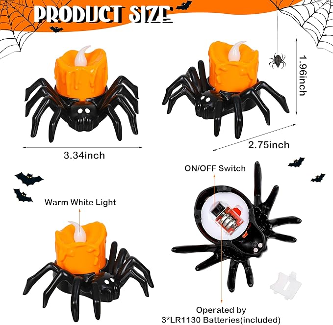 12 PCS Halloween Tea Lights Candles, Battery Operated Halloween's Flameless LED Candles, Spider Tealights Spooky Electric Flickering Fake Candle for Halloween Party Decorations