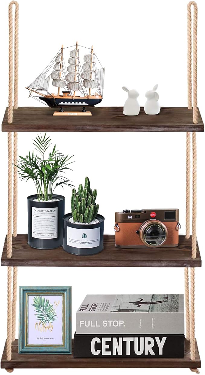 Hanging Shelf - 3-Tier Boho Wall Shelf for Plants Indoor - Wooden Decor Rope Shelf - Window Plant Hanger Home Farmhouse Bathroom Rustic Bedroom Decor