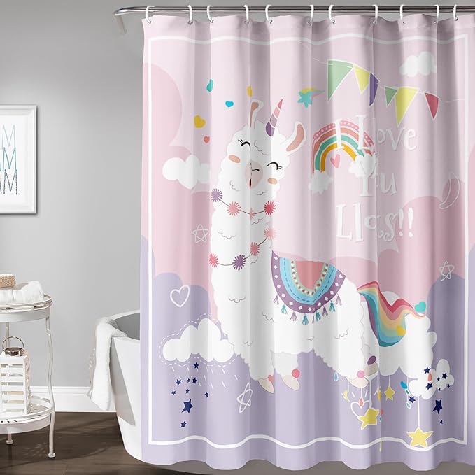 AILONEN Cute Llama Kids Shower Curtain for Girls,Happy Llama in Sky Clouds Print Bath Curtain 72" W*72" H,Kawaii Kids Bathroom Curtain Polyester Waterproof Girls Bathroom Curtain with 12 Hooks