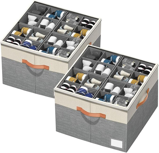 Aokeyee Shoe Organizer for Closet,2 Pack Foldable Shoe Storage Organizer Box Bin with Adjustable Dividers and Clear Cover, Fits up to 16-32 Pairs (Beige and Grey)