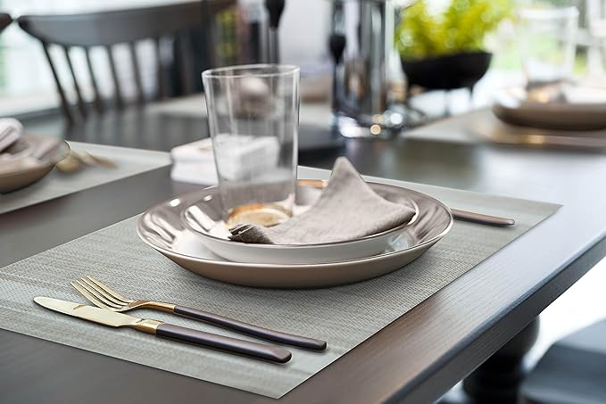 More Décor Dining Table Placemats, Washable Heat-Resistant PVC Vinyl Table Mats for Dining Room and Kitchen, Anti-Slip - Set of 6 - Vertical Striped White - Grey