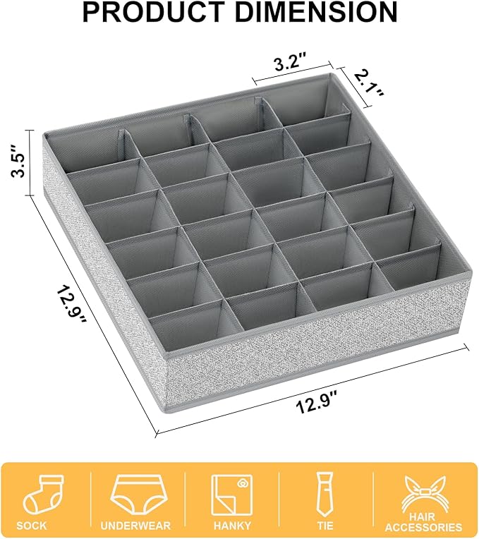 Joyoldelf Sock Drawer Organizer Divider Underwear Organizer 24-cell Fabric Dresser Drawer Organizers Storage Boxes for Socks Lingerie, Handkerchiefs, Ties 4 Pack (Gray)