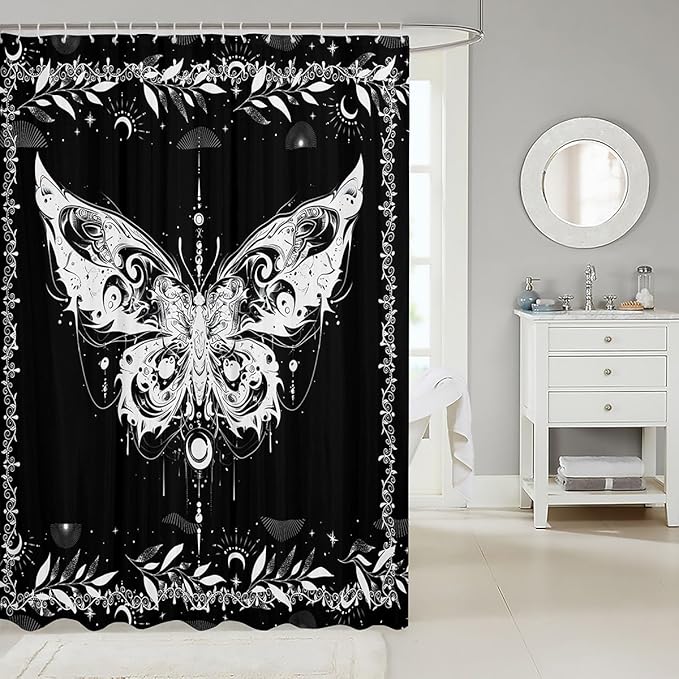 Feelyou Boho Butterfly Fabric Shower Curtain Bohemian Moth Shower Curtain for Kids Boys Girls Moon Galaxy Bathroom Waterproof Accessories with 12 Hooks Black and White Curtains,72X84 Inches