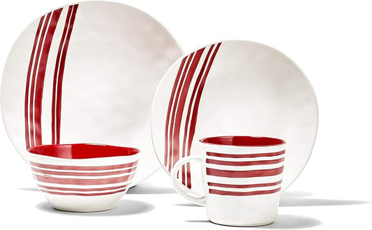 American Atelier Bistro Dinnerware Set – 16-Piece Stoneware Party Collection w/ 4 Dinner Salad Plates, 4 Bowls & 4 Mugs – Gift Idea for Any Occasion, Red
