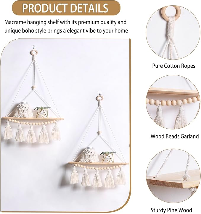 Artilady Macrame Wall Hanging Shelf - 2 Pack Wood Shelves Boho Wall Shelf Decor with Tassels & Wooden Beads, Rustic Floating Shleves Plant Aesthetic Room Decor for Teen Girls