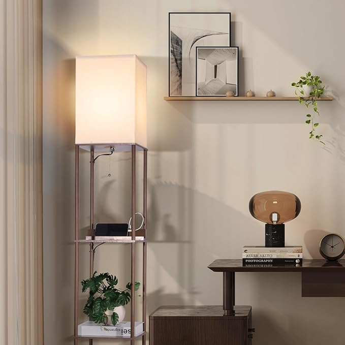 Floor Lamp with Shelves, with 2 USB Ports and Power Outlet Modern Square Standing Lamp with 3 Color Temperature Bulb, Corner Display Bookshelf Lamp for Living Room, Bedroom and Office (brown-9DY)