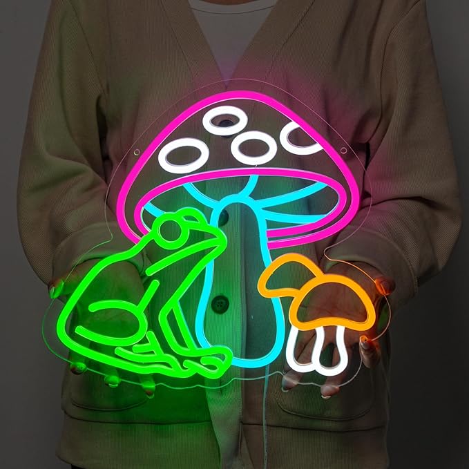 Mushroom Frog Neon Sign Colorful Mushroom Neon Light Frog Neon Sign, USB Powered Dimmable LED Cute Neon Signs for Wall Décor Kids Room, Perfect Gifts for Birthday, Christmas(14.5*13inches) ﻿
