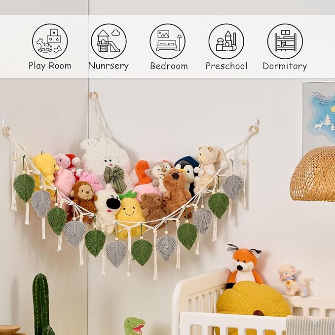Pretty Jolly Macrame Leaf Wall Hanging Storage Hammock, 59" Boho Corner Organizer with Tassels, Stuffed Animal Plush Holder for Kids Room Nursery Decor (Avocado Green & Light Grey)