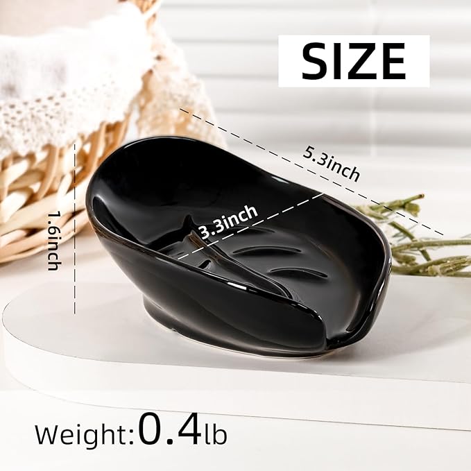 Soap Holder, Self Draining Soap Dish, Leaf Shape Ceramic Bar Soap Holder Drain Soap Dishes for Bathroom Sink Kitchen, Easy to Clean Keeps Soap Dry, Black, ANTIS'S HOME