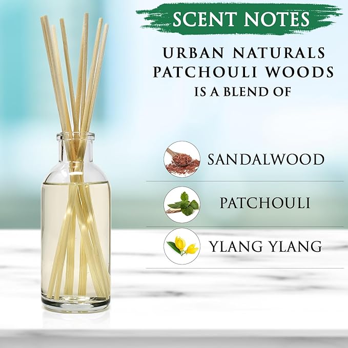 Urban Naturals Patchouli Woods Reed Diffuser Scent Sticks Gift Set | Sandalwood, Patchouli & Ylang Ylang | Scented Oil for Mid to Large Size Rooms. Vegan. Made in The USA