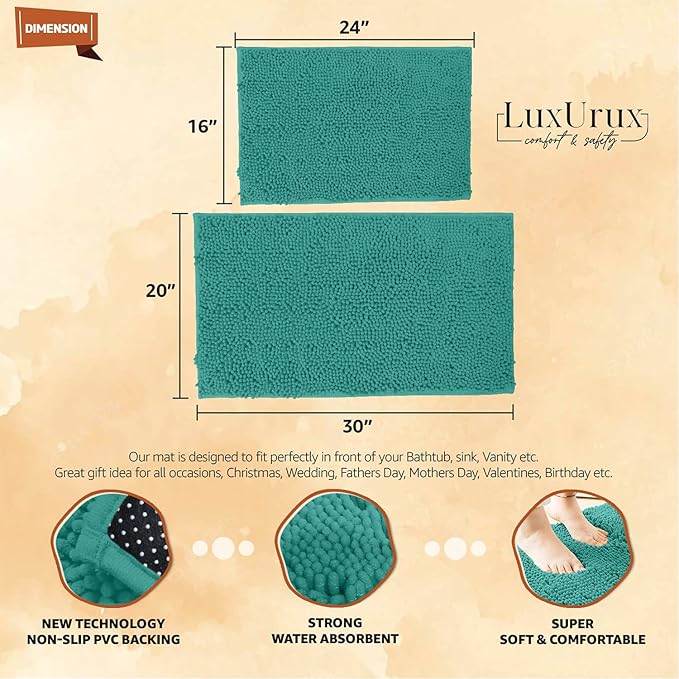 LuxUrux Chenille Bath Mat Set, Turquoise, Extra-Soft Plush Bath Rug, 16'' x 24'' + 20'' x 30'', Super Absorbent, Non-Slip Backing, 2 Piece