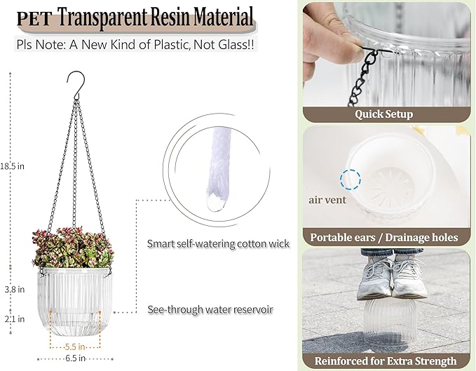 Melphoe 2 Pack Self Watering Hanging Planters Indoor Flower Pots, 6.5 Inch Outdoor Hanging Plant Pot Basket, Plant Hanger with 3Hooks Drainage Holes for Garden Home