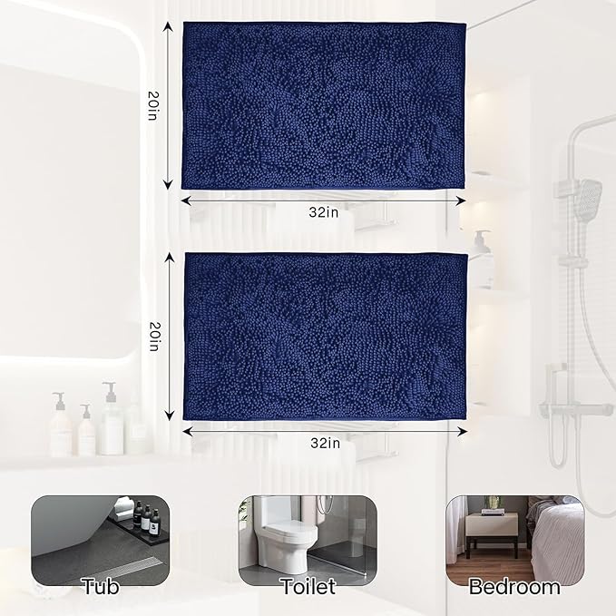 Bathroom Rugs Sets 2 Piece Washable, Luxury ，Chenille Bath Mat Set, Soft Plush Anti-Slip Rectangular Bath， Rug Super Absorbent. (Navy Blue, 32"x20"+32"x20")