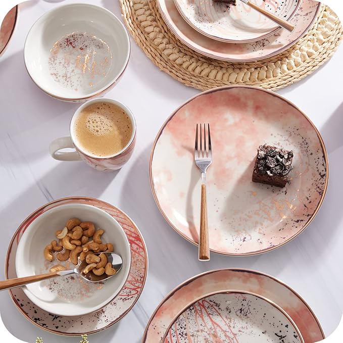 Corona 16-piece Rose Gold Modern Design Ceramic Dinnerware Sets | Plates, Bowls and Mugs | Service For 4 | Amani