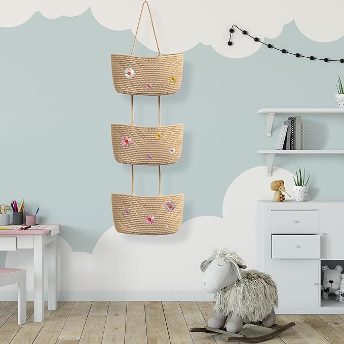 TeoKJ Over the Door Hanging Basket, 3-Tier Woven Cotton Wall-Mounted Storage Organizer with Self Adhesive Flowers Stick Decorative Hanging Nursery Baskets - Jute