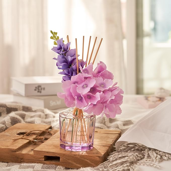 COCORRÍNA Reed Diffuser - Violet Amber 8.5oz Flower Reed Diffuser Set with 8 Sticks, Home Fragrance Reed Diffuser for Home Bedroom Office Bathroom Shelf Decor (Master Collection)