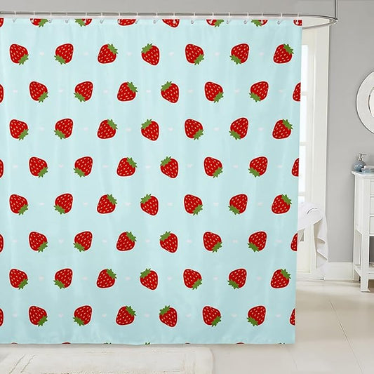 Feelyou Strawberry Fabric Shower Curtain Teal Blue Kawaii Girly Shower Curtain for Kids Boys Girls Kawaii Strawberry Bathroom Waterproof Accessories with 12 Hooks Kawaii Lovely Curtains,72x84 Inches