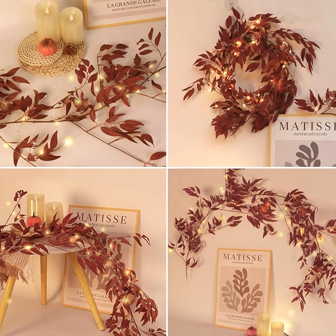 Artificial Hanging Willow Vine Twigs Whit Light 2Pcs 5.7Ft Fake Fall Garland Faux Silk Willow Leaves Ivy Indoor Outdoor Wedding Jungle Birthday Autumn Wreath Thanksgiving Christmas Party Decor