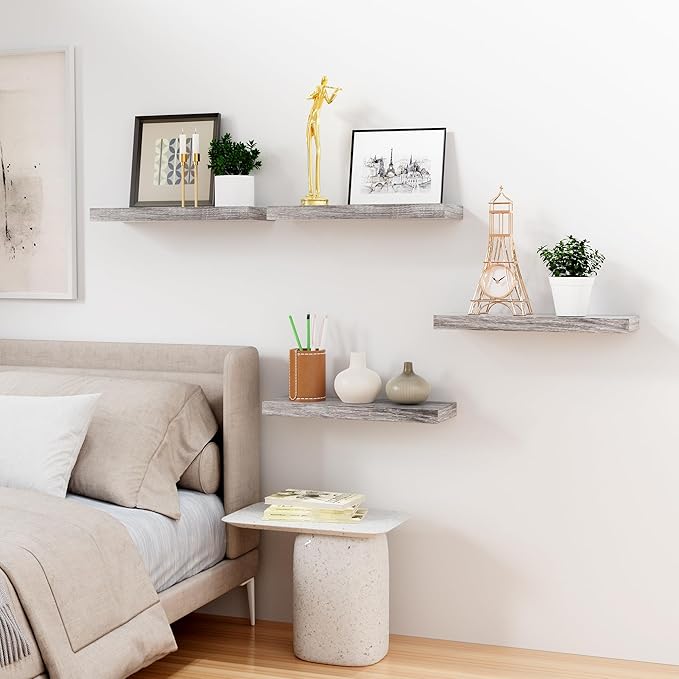 Bellsal Floating Shelves for Wall, Gray Engineered Wood Wall Shelf Set of 4, 16" Walls Mounted Floating Shelf for Kitchen, Living Room, Bedroom, Bathroom Storage, Book Shelfs for Home Decor