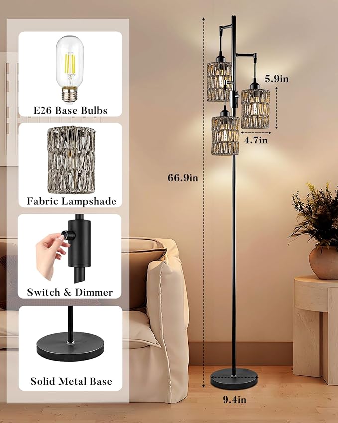 Lightdot 67" Dimmable Floor Lamp for Living Room, Industrial 3-Light Tree Floor Lamp with Black Rattan Cages, Bohemian Tall Standing Lamps, Modern Floor Lighting for Bedroom Office, E26 Base