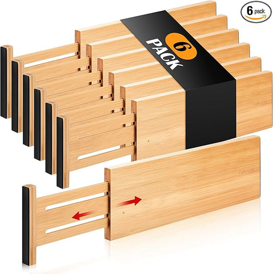 Fabsome Dresser Drawer Organizers 6 Pack, 4.65'' High Adjustable from 12.5-17‘’ Bamboo Drawer Dividers for Clothing Baby Clothes, Wooden Separators for Dresser Nursery Organization with Soft Foam Ends