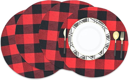 Red & Black Cotton Buffalo Check Round Placemat, Set of 4, 15 Inch eco-Friendly Fabric Handcrafted Machine Washable Indoor & Outdoor Tablemat