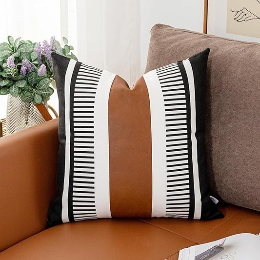 Farmhouse Throw Pillow Covers for Couch Sofa Decorative Faux Leather Square Cushion Cover Tribal Stripe Accent Pillow Case 20 x 20 Inch, Black