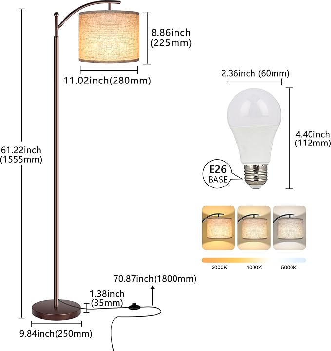 Rottogoon Floor Lamp for Living Room, LED Standing Lamp Tall Industrial Floor Lamp Reading for Bedroom, Office (9W LED Bulb, Beige Lampshade Included) -Oil-Rubbed Bronze