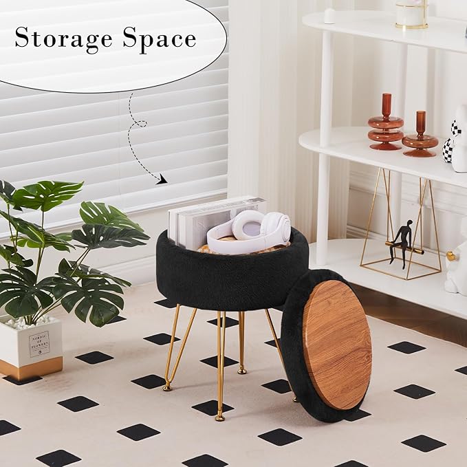 Cplxroc Footrest Footstools Round Faux Fur Ottoman with Storage Space Soft Vanity Chair Seat Coffee Table Ottoman Small Side Table Metal Legs with Adjustable Footings (Black)