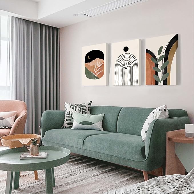 Boho Wall Art Prints Set of 3, Neutral Abstract Geometric Canvas Artwork for Bedroom, Bathroom, Living Room, Office (12x16 Inch x 3 Pieces)