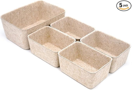 Welaxy 5-piece Drawer organizers dividers storage bins deep storage bin aesthetic wabi-sabi Scandinavian-chic storage bin hygge sleek minimalist lifestyle gifts (Oatmeal)