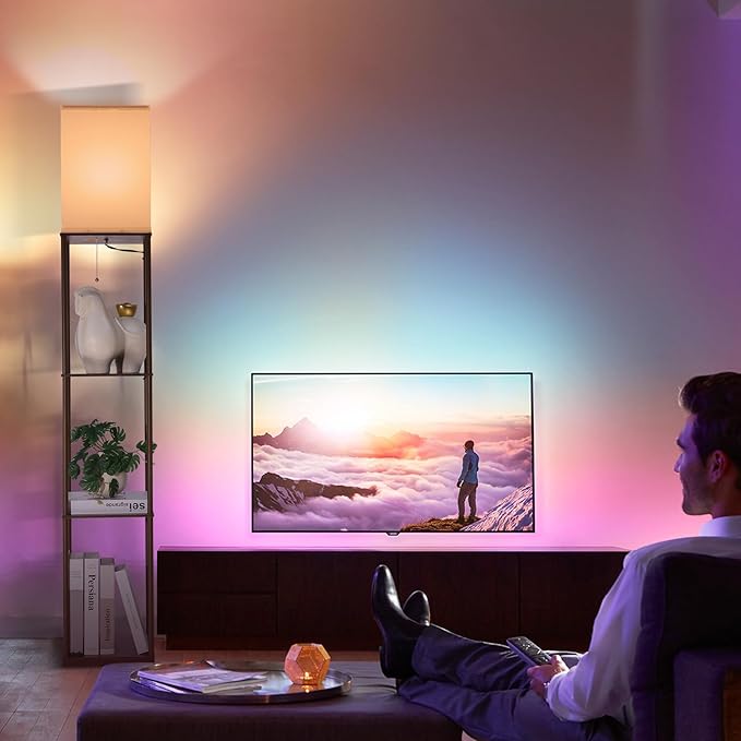 Floor Lamp with Shelves, with Modern Square Standing Lamp with Smart APP Control RGB Bulb, Corner Display Bookshelf Lamp for Living Room, Bedroom and Office(brown-9RGB)