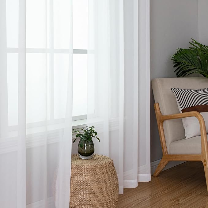 Aiyufeng 108 Inch White Sheer Window Curtains for Farmhouse, Rod Pocket Voile Window Treatment Vertical Panels for Study Room/Bedroom/Living Room, White, W40 x L108, 2 Panels