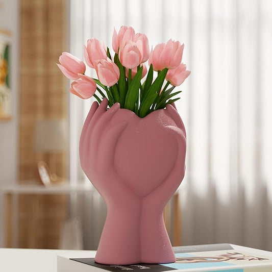 8 Inch Heart Hand White Ceramic Vase - Unique Modern Aesthetic Flowers Vase for Living Room Bedroom Office Kitchen Table Centerpiece or Shelf Decor - Gifts for Wedding Bridal Shower Women Mom (Pink)