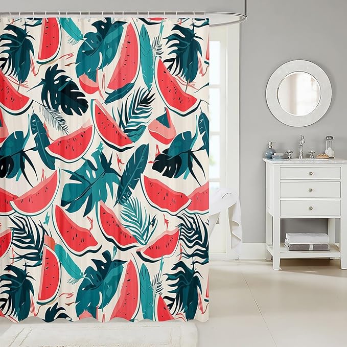 Feelyou Tropical Leaves Shower Curtain Watermelon Fabric Shower Curtain for Kids Boys Girls Colour Bathroom Waterproof Accessories with 12 Hooks Green Leaf Curtains,72x72 Inches