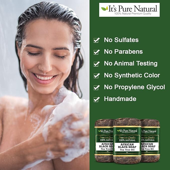 It's Pure Natural African Black Soap Bars with Tea Tree (Pack of 3) Organic Raw Soap for Face & Body, Acne Treatment & Dark Spot Remover [Made in Ghana]