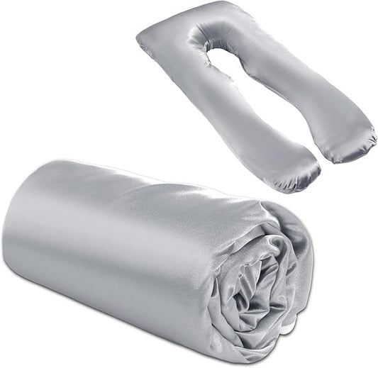 Silky Satin Pregnancy Pillow Cover (ONLY Pillowcase), U Shaped Luxurious Smooth Maternity Pillow Cover, Soft & Breathable Large Pillow Protector with Hidden Zip for Side Sleeper,Light Grey