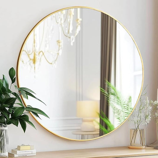 Round Gold Mirror, 28 inch Round Mirror, Circle Bathroom Mirrors Metal Frame, Wall Mounted Circle Mirrors for Bathroom, Living Room, Hallway, Farmhouse.