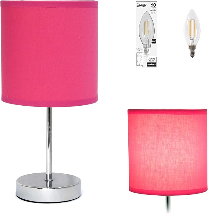 Simple Designs LT2007-HPK-LB Basic Chrome Mini Table Lamp for Living Room, Nightstand, Desk, Countertop, Hot Pink, with Feit LED Bulb Included
