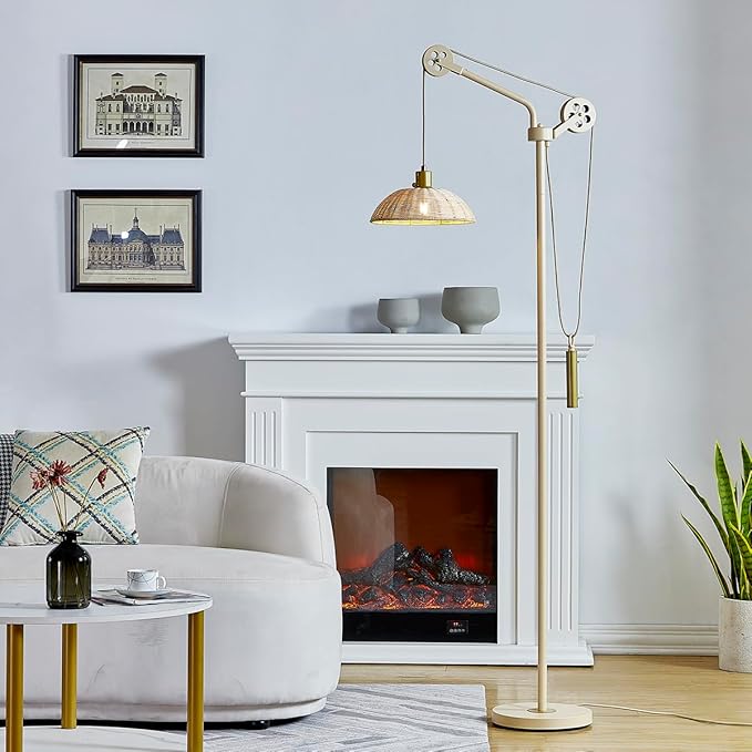 LeeZM Dimmable Rattan Floor Lamp for Living Room,Industrial Farmhouse Floor Lamps with Adjustable Rattan Shade,Modern Reading Pole Task Lamp,Arched Tall Standing Lamp for Bedroom Office,Beige